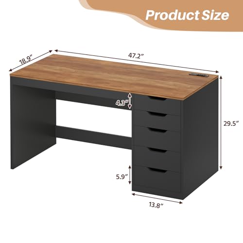 47 Inch Computer Desk with 5 Drawers and Power Outlets for Small Spaces - color: Brown and Black, size: 47inch-5drawers