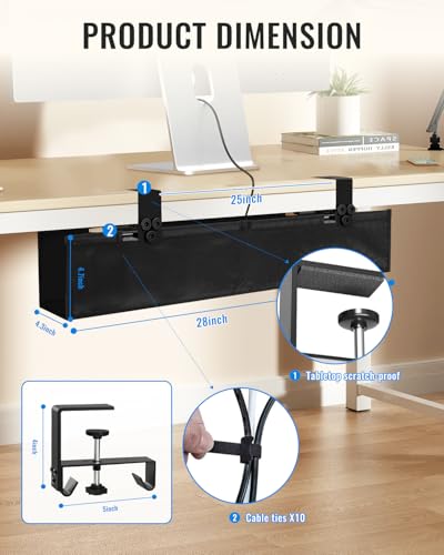 28" No Drill Under Desk Cable Management Tray - Upgraded Oxford Fabric with Cable Loop, No Damage to Table for Standing Desks and Home Office (Regular (28 Inch))