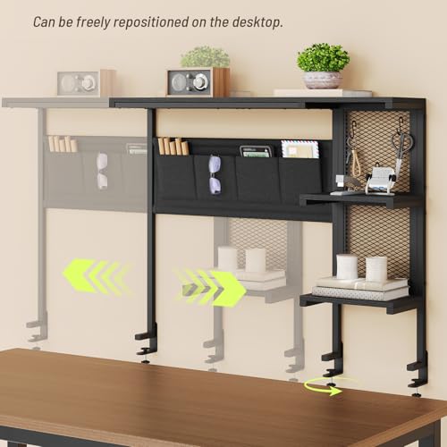 Clamp On Desk Shelf, 3-Tier Above Desk Extender with Pegboard & Hooks, Metal & Wooden Desktop Bookshelf & Organizer, Tabletop Storage Rack for Office Accessories, 38.3" W x 33" H, Black