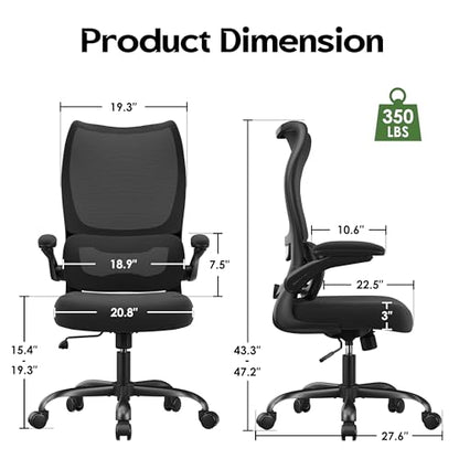 Office Chair Ergonomic Desk Chair - Comfy Mesh High Back Office Chair with Lumbar Support Wheel Home Desk Office Chairs Flip up Armrest Executive Rolling Swivel Task Computer Chair Black Silver
