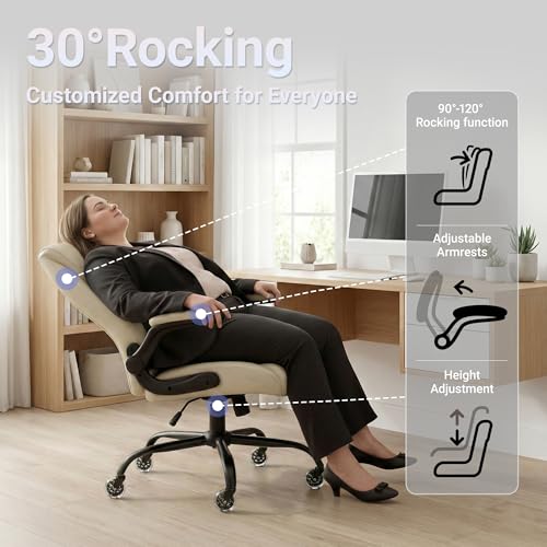 Big and Tall Office Chair for Heavy People, 400LBS High Back Extra Wide Executive PU Leather Office Chair with Flip-Up Armrests, Quiet Rubber Wheels, Comfortable Home Office Desk Chair (White) - color: White - Rubber Wheels