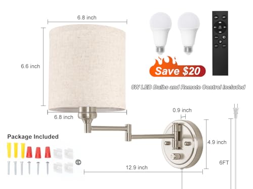 Plug in Wall Sconces with Remote Control, Dimming & Adjustable Colors 2700K-6500K, Hardwire or Plug-in, Swing Arm Wall Lamp with Linen Fabric Shade, Wall Sconces Set of Two, Brushed Nickel Finish - color: Brushed Nickel & Linen
