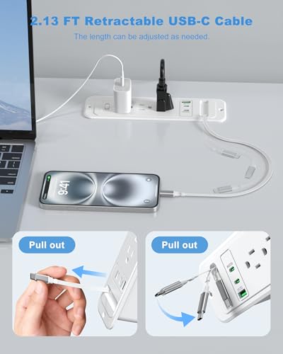 Recessed Power Strip with Retractable USB C Cable,2 PD 20W USB C,Flush Mount Countertop Drawer Outlet, Furniture Hidden Outlet for Side Table,End Table,3 Outlets (White, 6FT-20W USB) - color: White, size: 6FT-20W USB