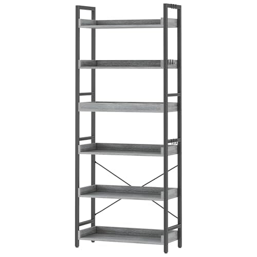 HCHQHS 6 Tier Bookshelf, Adjustable Industrial Bookcase, Vertical Tall Book Shelf, Wood and Black Metal Open Bookshelves for Home Office, Living Room, Bedroom - color: Grey, size: 6-Tier (24"W x 70"H)