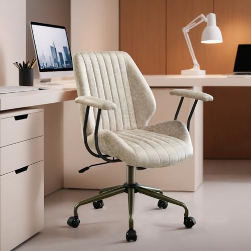HOOOWOOO Faux Suede Leather Home Office Chair,MCM Modern Ergonomic Task Work Chair,Computer Desk Chair with Cushion Seat Mid Back for Long Hours(Beigen) - color: Beige-cushion Seat, size: Mid Back