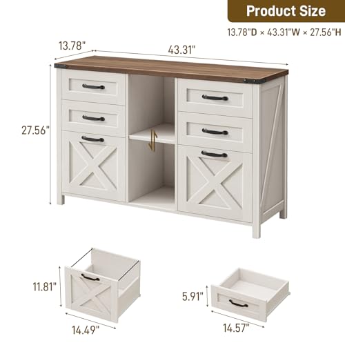 Farmhouse Lateral Filing Cabinet, Lateral File Cabinet with 6 Drawers and Adjustable Shelf, Large Printer Stand with 2 File Drawers for Letter/A4 Size Hanging Files for Home Office, Rustic White - color: Rustic White, size: 13.9"D x 27.7"W x 43.4"H