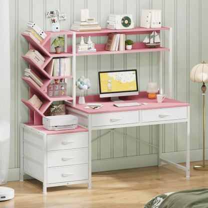 YOMILUVE 52" Computer Desk with Bookshelf, 5 Drawers ＆ Hutch for Bedroom | Pink Office Desk with Printer Shelf, Study Writing Desk with Storage Shelves - color: Pink