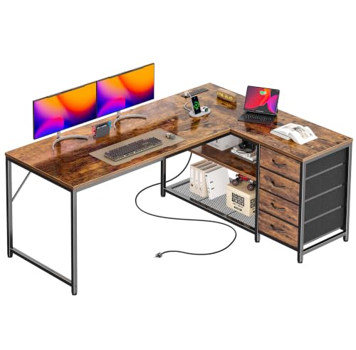 PRAISUN 53" L Shaped Desk with Power Outlets & 4 Drawers | Reversible Computer Desk with 2 Storage Shelves, Large Corner Office Desk for Gaming Writing Work Study, Rustic Brown - color: Rustic Brown, size: 53 Inch