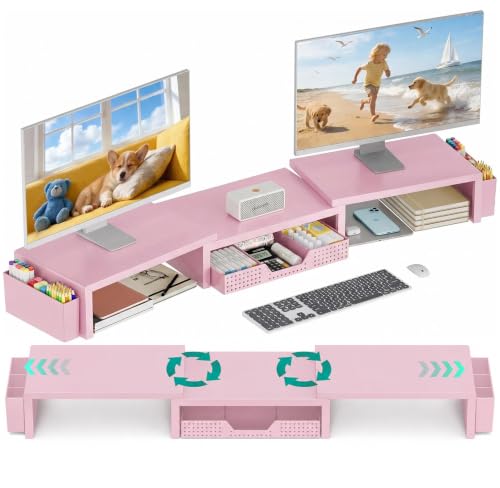 OPNICE Desk Organizer and Accessories, Computer Monitor Stand Riser with Drawer and 2 Pen Holders, Laptop Stand, Office Desk Accessories for Office Supplies, Pink - color: Pink 1-Pack, size: 40.6" x 9.3" x 4.3"