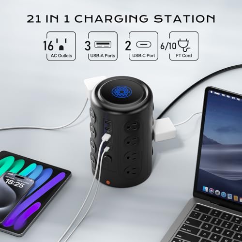 TenTrend Power Strip Tower with 16 Outlets and 5 USB Ports, 10 FT Cord | Vertical Power Strip 10 FT Extension Cord, 2000J Surge Protector Charging Station for Home Office Desk, Dorm Room Essentials