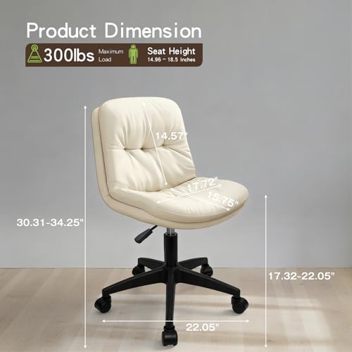 Armless Office Chair, Ergonomic Small Desk Chair with Padded Cushion & Lumbar Support, Height Adjustable 360° Swivel Rolling Task Chair with Wheels for Home Office, Vanity, Beige