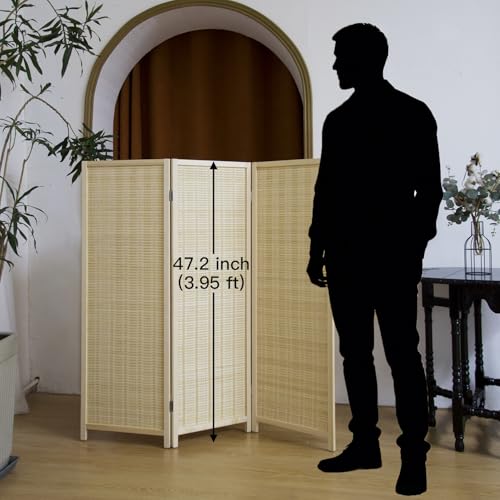 3 Panel Short Panel Divider Screen,3.95 FT Tall Bamboo Room Divider Folding Privacy Screen,Short Panel Divider Freestanding Room Divider for Room Seperation,Beige - color: Beige, size: 3 Panel
