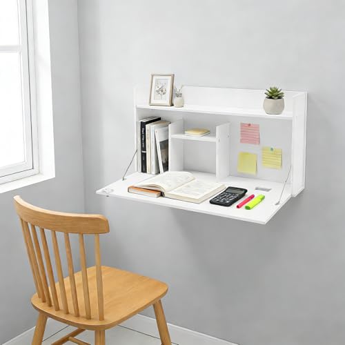 Wall Mounted Foldable Desk Cabinet, 31.5" Floating Desk with Storage, Space Saving Wall-Mounted Workstation for Home Office