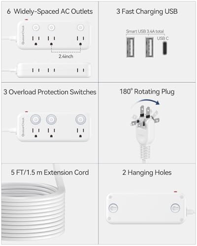 2 Prong Extension Cord with 6 Outlets 3 USB, 5FT Surge Protector, Old House | 1875W, 2 Prong to 3 Prong Outlet Adapter, Rotating Plug, USB-C(15.5W), Polarized, Non Grounded, Multi Plug - size: 5 FT-White-Two Prong