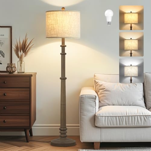 EJIAXIN Floor Lamps for Living Room - 60" Farmhouse Floor Lamp with Adjustable Color Temperatures - Vintage Standing Lamp Reading Light with Linen Shade Retro Tall Lamp for Bedroom Office, Grey - color: Gray