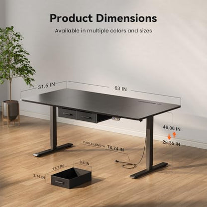 HLDIRECT 63" Electric Standing Desk with Power Outlets & 2 Drawers, Black | 31.5" Extra Wide Desktop Up to 176lb, 28"–46" Height Range & 3 Memory Presets, Integrated Cable Management, Quick Assembly - color: Black, size: 63 inch
