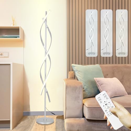 Tall Modern Floor Light Lamp for Living Room,Dimmable Spiral Corner Bedside Lamp with Rmoete for Bedroom,LED 3 Color Floor Lamp with Foot Switch for Dining Room(Silver) - color: Silver