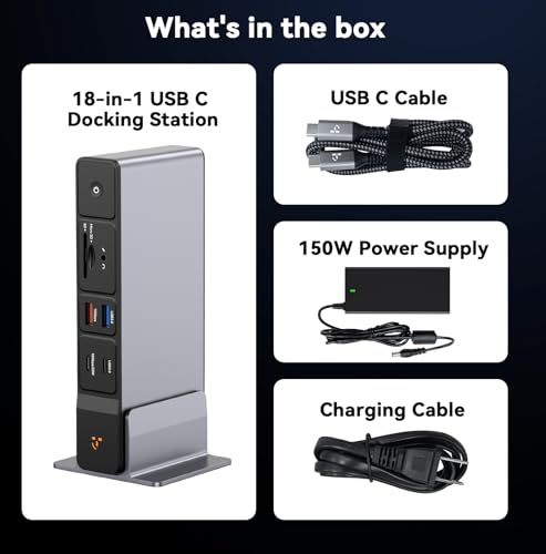 TobenONE Laptop Docking Station 3 Monitors, 8 USB Ports, 150W Adapter | 100W PD and 20W Charging, 2.5G Ethernet, Triple 4K via 2 HDMI, DP, USB C, Single 4K@144, SD/TF 4.0 for Windows/Chrome OS