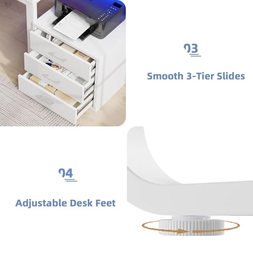 MaverickFurni 67" White Office Desk with 3 Drawers and LED Lights - color: White