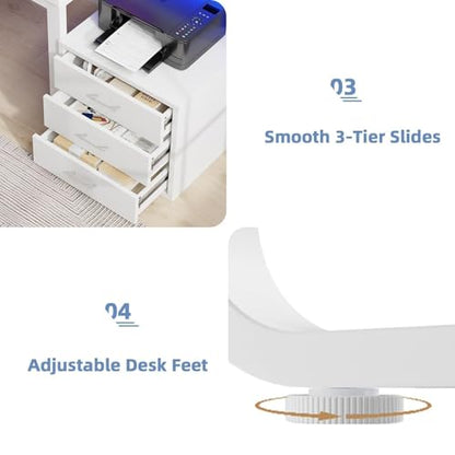 MaverickFurni 67" White Office Desk with 3 Drawers and LED Lights - color: White