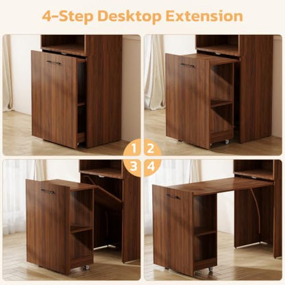 Zevemomo Folding Desk, Convertible Table with Shelves & Wheels - Walnut | Folding Desk with Storage, Craft Cabinet with Fold Out Table, Compact Computer Desk for Small Space, Reversible L Shaped Desk - color: Walnut