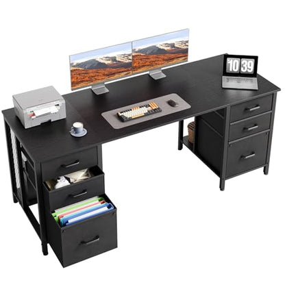 ODK 63 inch Computer Desk with 6 Fabric Drawers, Home Office Desk | Black Desk with File Drawers Cabinet with Large Storage for Home Office, Study, Gaming - color: Black