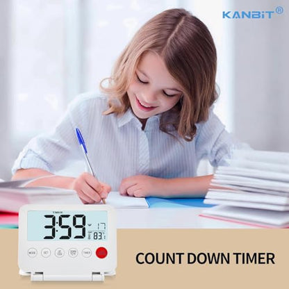 KANBIT Small Digital Travel Alarm Clock, Large LCD Display Front Button with Date & Temperature, Snooze and 8 Seconds Backlight AAA Battery Operated Desk Clock for Home & Office, White - color: White