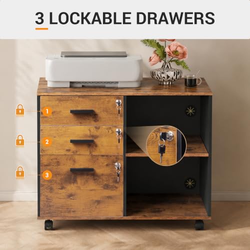 DEVAISE 3-Drawer File Cabinet with Lock, Wood Filing Cabinet, Rustic Brown | Rolling Printer Stand, Office Cabinet, Open Storage Shelves, Letter & A4 Compatible, Home Office, Under Desk Storage - color: Rustic Brown