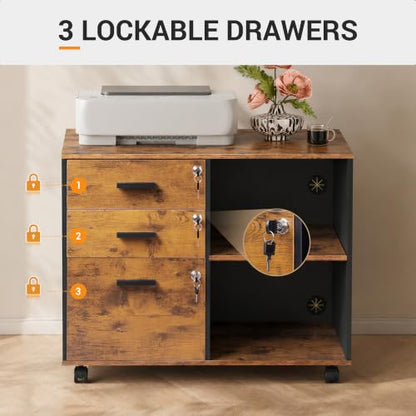 DEVAISE 3-Drawer File Cabinet with Lock, Wood Filing Cabinet, Rustic Brown | Rolling Printer Stand, Office Cabinet, Open Storage Shelves, Letter & A4 Compatible, Home Office, Under Desk Storage - color: Rustic Brown