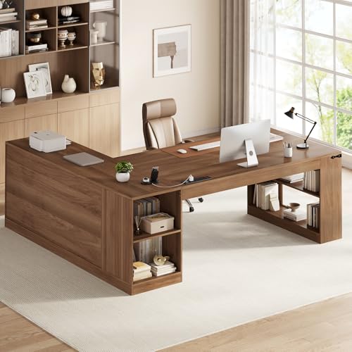 71" Executive Desk, Large Office Desk with Drawers & Power Outlets, L Shaped Computer Desk with Storage Shelves & Lateral File Cabinet, Modern Corner Desk, Business Furniture, Walnut - color: Walnut