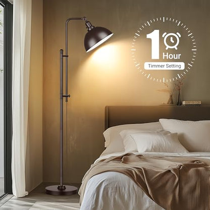 PARTPHONER Industrial Floor Lamp Adjustable, Rustic Farmhouse Reading Lamp in Aged Brown Finish Modern Standing Lamp with Remote Control Metal Shade for Living Room Bedroom Study Room Office Hotel - color: Brown