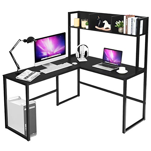 Tangkula Reversible L-Shaped Desk with Hutch, Space Saving Corner Computer Desk with Storage Shelves, Home Office Study Writing Desk Computer Workstation with Storage Bookshelf, Gaming Desk - color: Black
