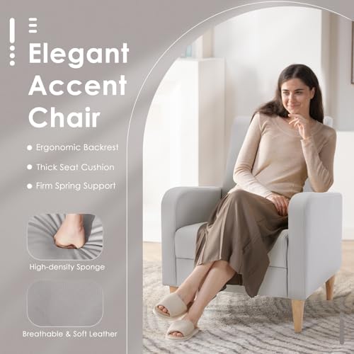 COLAMY Mid-Century Modern Accent Chair, Faux Leather Upholstered Living Room Chair with Back Pillow & Solid Wood Legs, Comfy Armchair for Living Room, Bedroom, Single Sofa, Light Grey - color: Light Grey, size: Set of 1