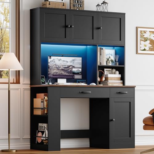 Keyluv 71" Tall Computer Desk with Hutch Cabinet, Home Office Desk with Storage Drawers Shelves and Side Rack, Wood Executive Desk with Doors, Outlet Station and Smart LED Lights, Black - color: Black