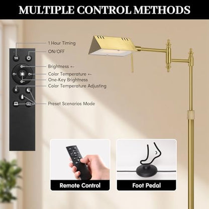 Bairth Gold Reading Floor Lamp, Dimmable Pharmacy Standing Lamp with Remote | 3 Color Temperature, Dimmable, 17W LED, Height Adjustable, 360°Swing Arm, for Living Room, Bedroom, Office, Craft & Sewing - color: Antique Brass