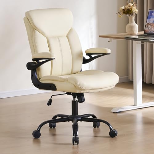 Ergonomic Home Office Chair PU Leather Comfy Computer Chair, Beige | Flip-up Armrest, Height Adjustable, Lumbar Support, 360° Swivel Wheels Managerial Executive Chairs for Work Gaming Home Use - color: Beige