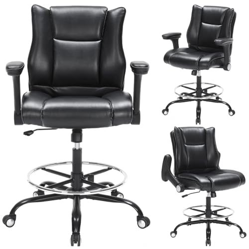Office Drafting Chair, Tall Desk Chair with Adjustable Armrests and Footrest Ring PU Leather Standing Desk Chair with Extra Thicken Seat Cushion, Comfy High Office Chair for Counter Height Desk, Black