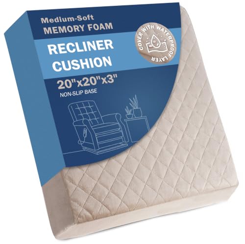 Medium-Soft 20x20x3 Memory Foam Recliner Chair Seat Cushion for Long Sitting - Armchair Pad with Washable Velvety Cover with Waterproof Layer & Non-Slip Base for Seniors & Elderly - Beige - color: Beige, size: 20x20x3"