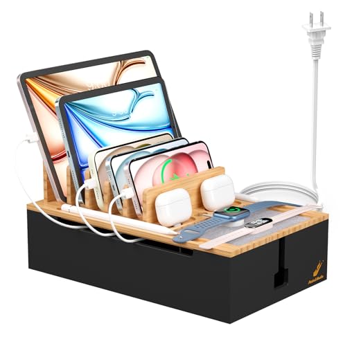 Pezin & Hulin Bamboo Charging Station for Multiple Devices-Natural+Black - color: Natural+Black, size: Dock+Charger+Cables