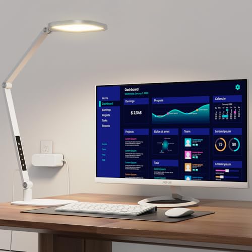LED Desk Lamp for Home Office, Soft Edge-lit Design, Modern Style | Professional Eye-Caring Diffused Light, Dimmable Computer Light with 30 Modes, Memory & Timer, Flexible Swing Arm Table Lamp - color: White