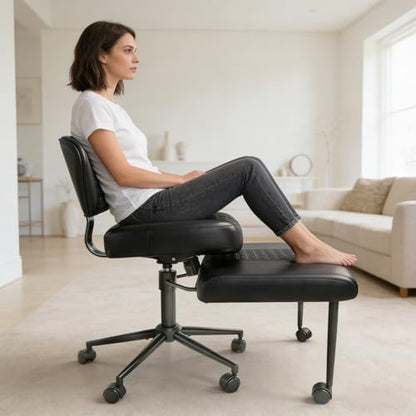 Ergonomic Cross Legged Office Chair with Footrest, 360° Swivel Height Adjustable PU Criss Cross Chair, Wide Seat & Back Support for Home Office, ADHD, Black - color: Black