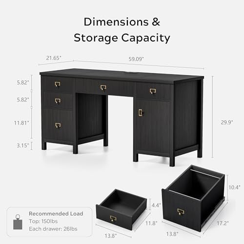 EYYTHUNG 59" Executive Desk with File Drawers Cabinet, Modern Computer Desk with Charging Station, Keyboard Tray, Large Home Office Desk, Farmhouse Wood Desk for Study, Writing, Black - color: Black