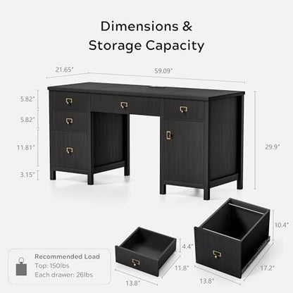 EYYTHUNG 59" Executive Desk with File Drawers Cabinet, Modern Computer Desk with Charging Station, Keyboard Tray, Large Home Office Desk, Farmhouse Wood Desk for Study, Writing, Black - color: Black