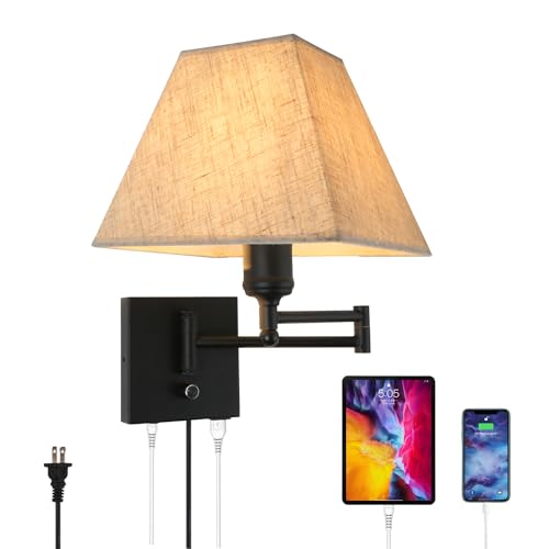 13" Modern Swing Arm Wall Lamp Plug in Wall Sconce with USB and Type-C Port Wall Mounted Lamp with Dimmable Switch Black Wall Sconce Beige Fabric Shade Suitable for Hallway Bedroom Living Room - color: Black+Type-c