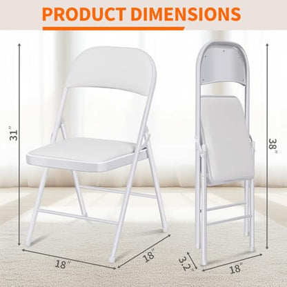 Fenbeli 2 Pack Padded Folding Chairs with Cushion, White PU Leather Foldable Chairs for Dining, Balcony & Spare Guest Pair, 330-Pound Heavy-Duty Steel Frame, Auto-Lock Hinge, Wipe-Clean, Folds Flat - color: White, size: Set of 2