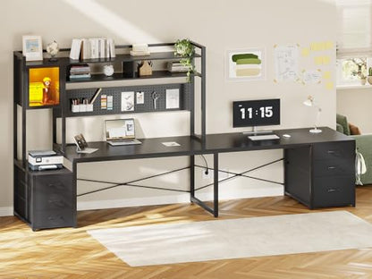 SEDETA Reversible L Shaped Gaming Desk with 6 Drawers, Hutch, Led Lights - color: Black