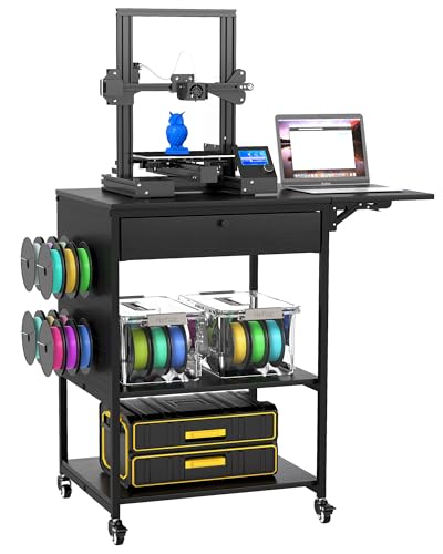 Baoz 4 Tier 3D Printer Stand with Filament Storage & Lockable Wheels(Black) | 3D Printer Table with 1 Drawer, Rolling 3D Printer Cart with 4 Spool Hooks, Sturdy 3D Printer Desk for Studio, Home Office