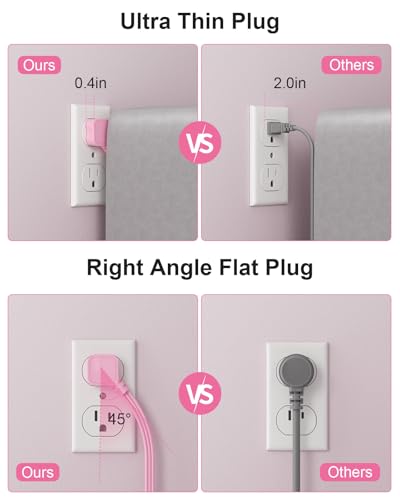 Pink Extension Cord with 6 USB(3 USB-C) 8 Outlets, Flat Plug Power Strip - size: 5 FT-Pink-Three Prong