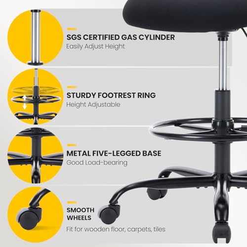 Sweetcrispy Ergonomic Tall Drafting Chair, High Office Desk Chair | Comfy Lumbar Support, Adjustable Height, Footrest, Fixed Arms, Counter, Dark Black - color: Dark Black, size: 45 inches (H) x 23.62 inches (W) x 24.2 inches (L)