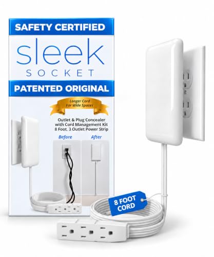 Sleek Socket Original & Patented Ultra-Thin Outlet Concealer with Cord Concealer Kit, Flat Extension Cord with Multi Outlets Power Strip, Ideal for Home Improvement, Hide Bulky and Messy Cords - size: 8 ft - Single Cord, style: Standard Outlet